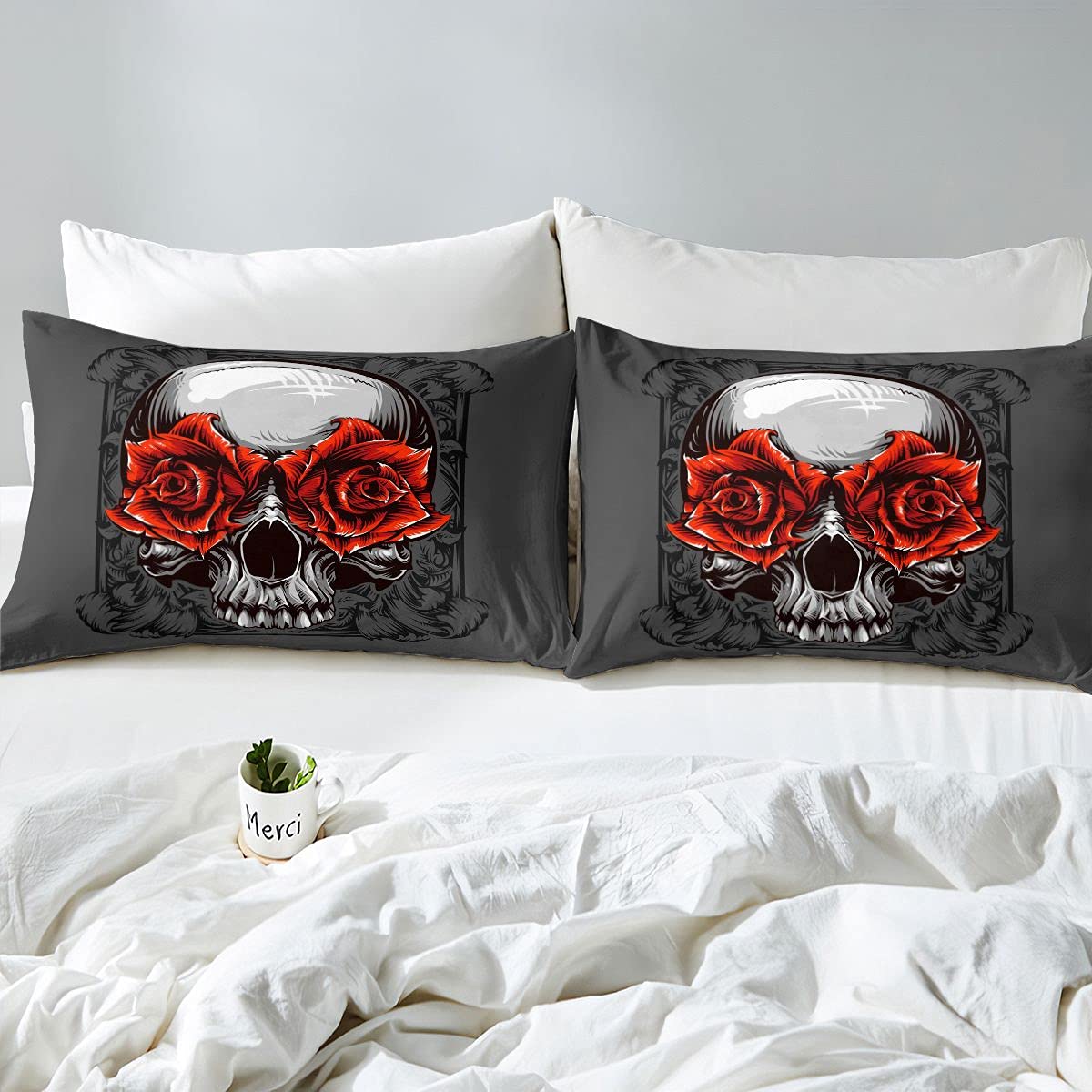 AILONEN Set Copripiumino King Size Con Teschi E Rose Rosse - 3 Pezzi Per Halloween, Microfibra Morbida - 2