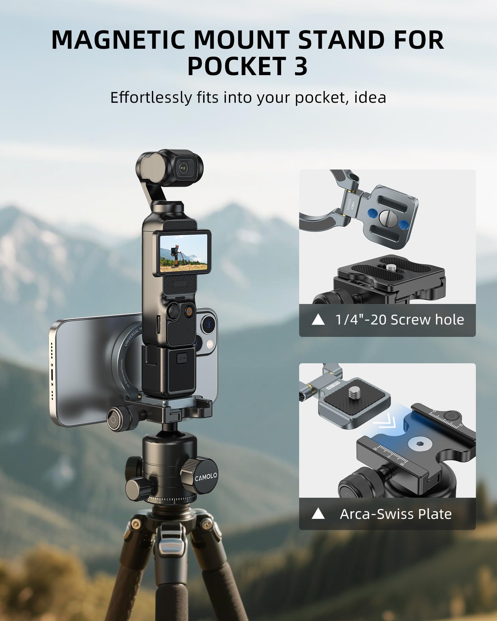 Soporte magnético compatible con DJI Osmo Pocket 3, adaptador MG-OP3 Pocket3, soporte magnético de expansión para teléfono con soporte de aleación de aluminio Arca-Swiss de 1/4 a 20