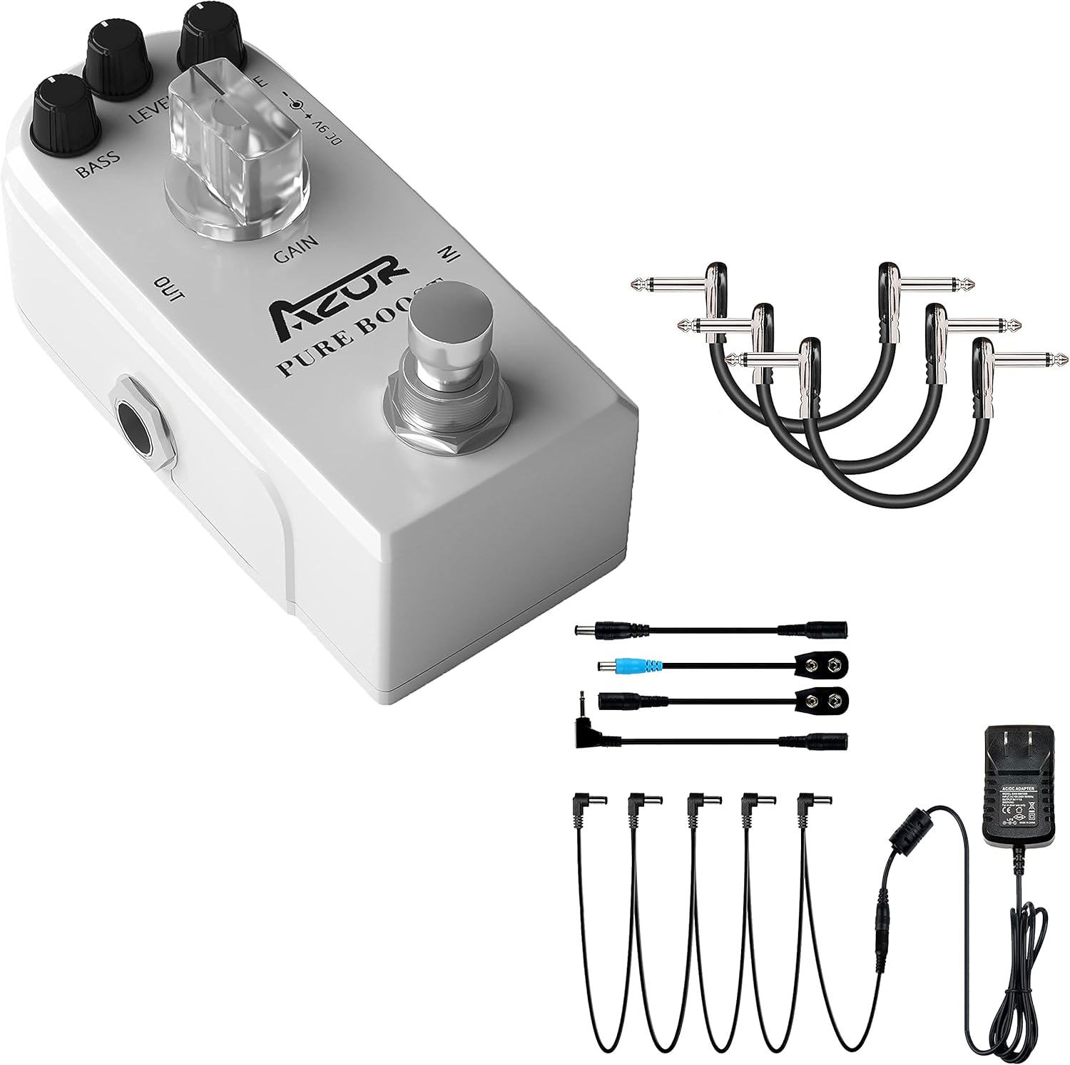 AZOR Pure Boost Guitar Effect Pedal with Pedal Power Supply Adapter and 4 Inch Guitar Patch Cable (Silver)