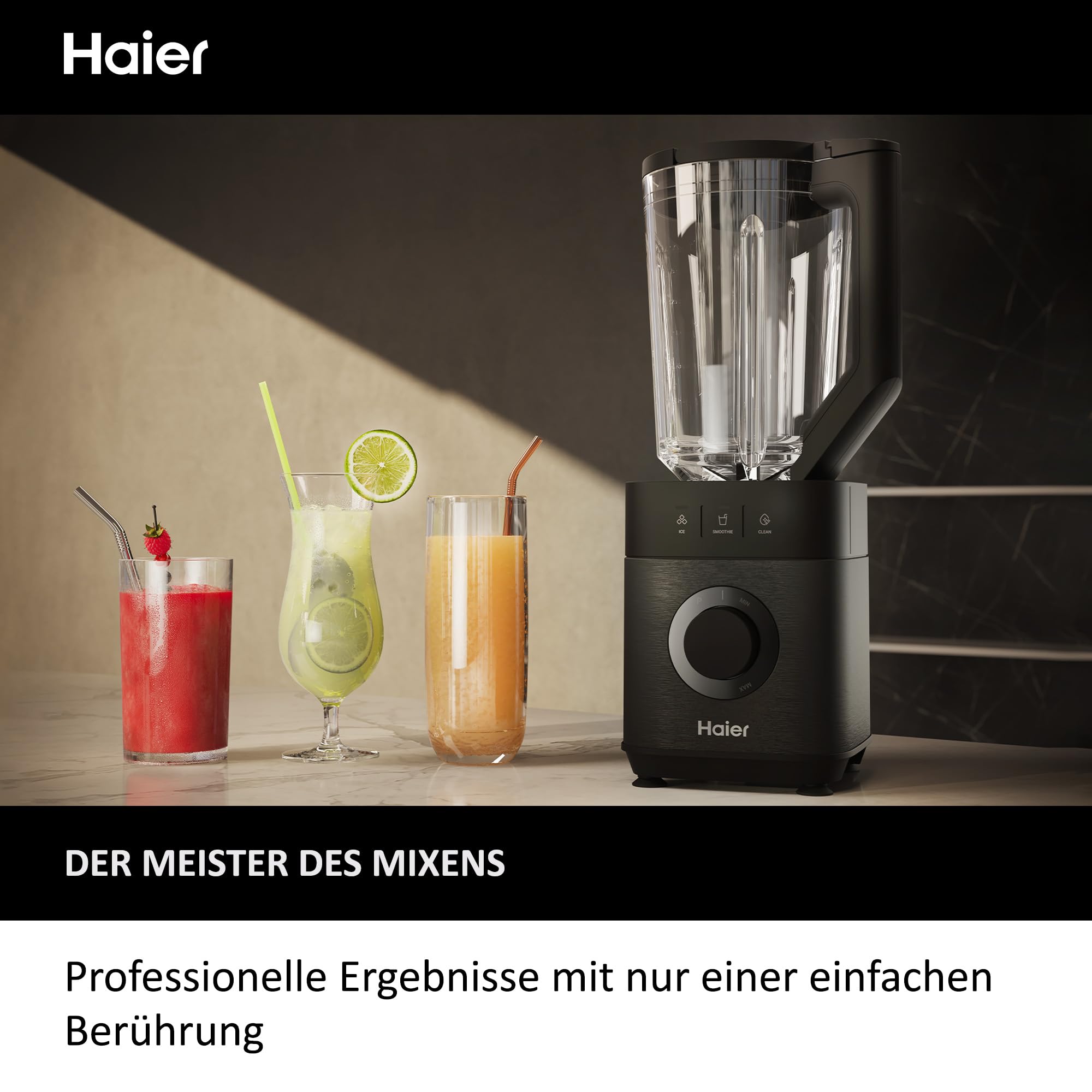 Haier Mixer mit Ice-Crush-Funktion & Smoothie Maker, 1200W I Standmixer mit 1,7L Glasbehälter & 0,6l To-Go-Flasche I Selbstreinigungsfunktion, Spülmaschinenfest & 5 Geschwindigkeiten [Serie 5-HBL5B2]