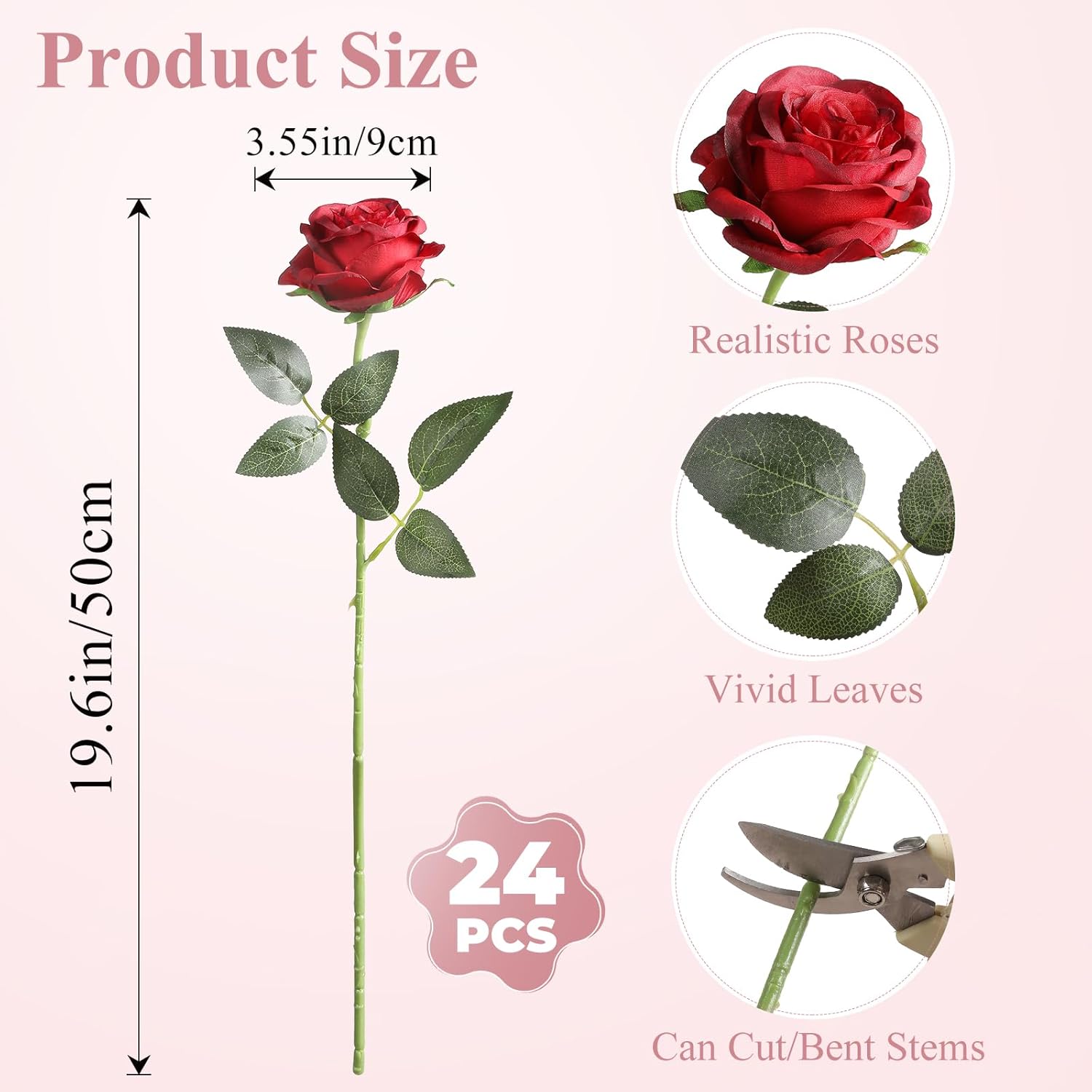 Nubry 24pcs Artificial Burgundy Roses, Fake Silk Roses Flower with Long Stems, Realistic Flowers for Bridal Wedding Party Table Centerpiece Home Decor - Image 3