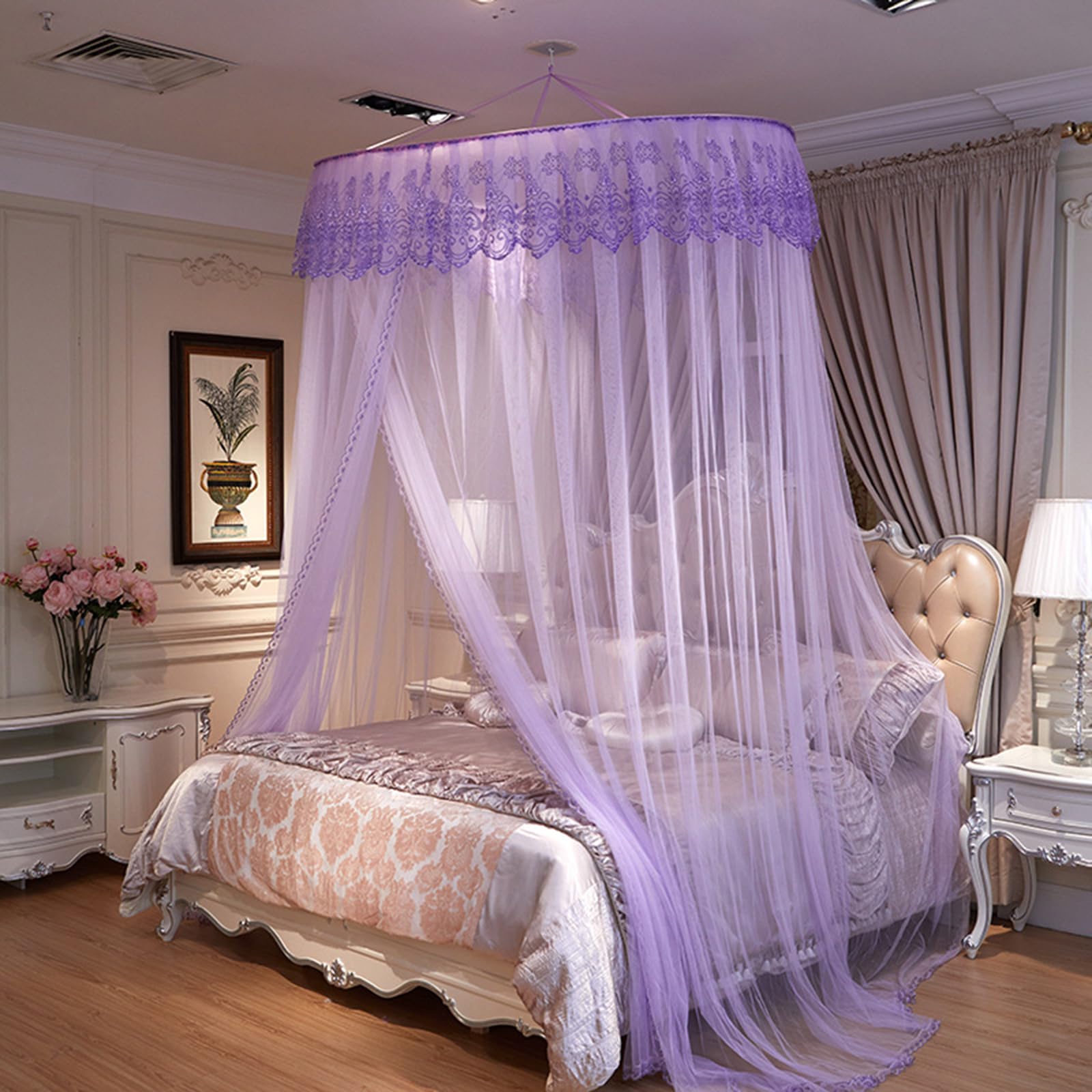 Moustiquaire lit rond baldaquin suspendu en dentelle mauve pour chambre et camping