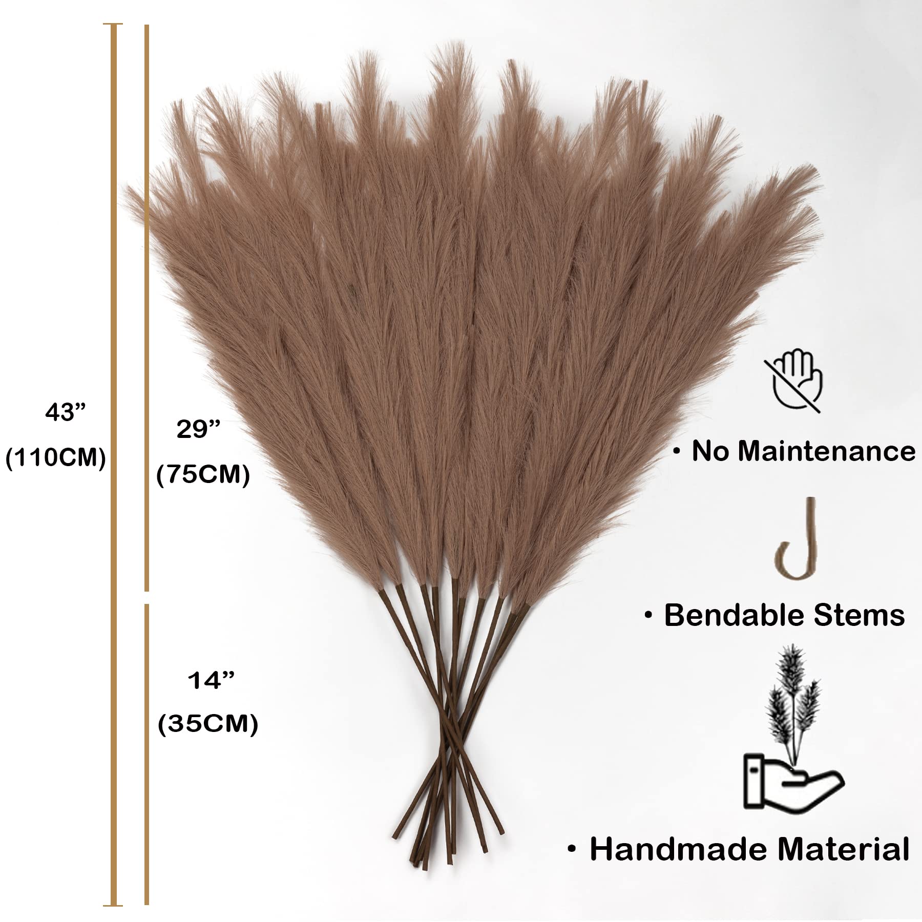 Dekoracja trawy pampasowej, wysoka, 110 cm, sztuczna trawa pampasowa, 6 łodyg, duże gałązki trawy, wysokie, luzem, boho, kompozycja kwiatowa do domu, pokoju, dekoracja weselna (taupe)