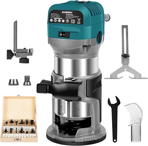 Avtbeisty Herramienta de enrutador de madera de 6.5 amperios, enrutador compacto de 1.25 HP con 6 velocidades variables, base fija, 12 brocas de