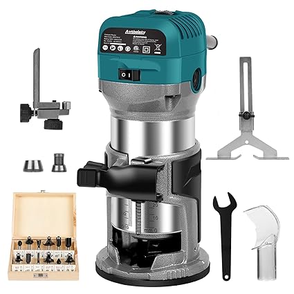 Avtbeisty 6.5-Amp Wood Router Tool, 1.25 HP Compact Trim Router with 6 Variable Speed, Fixed Base, 12 Wood Router Bits, 1/4