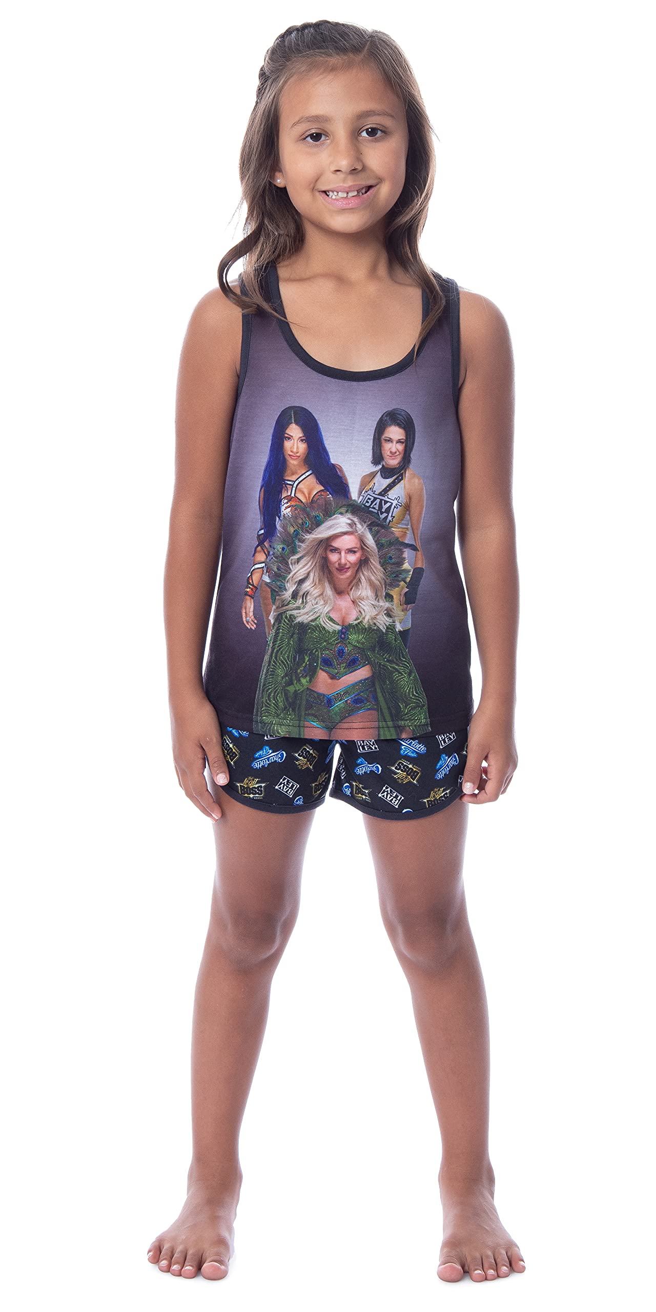 INTIMOWWE Girls' Sasha Banks Bayley Charlotte Flair Tank Short Pajama Set (6/6x) Black