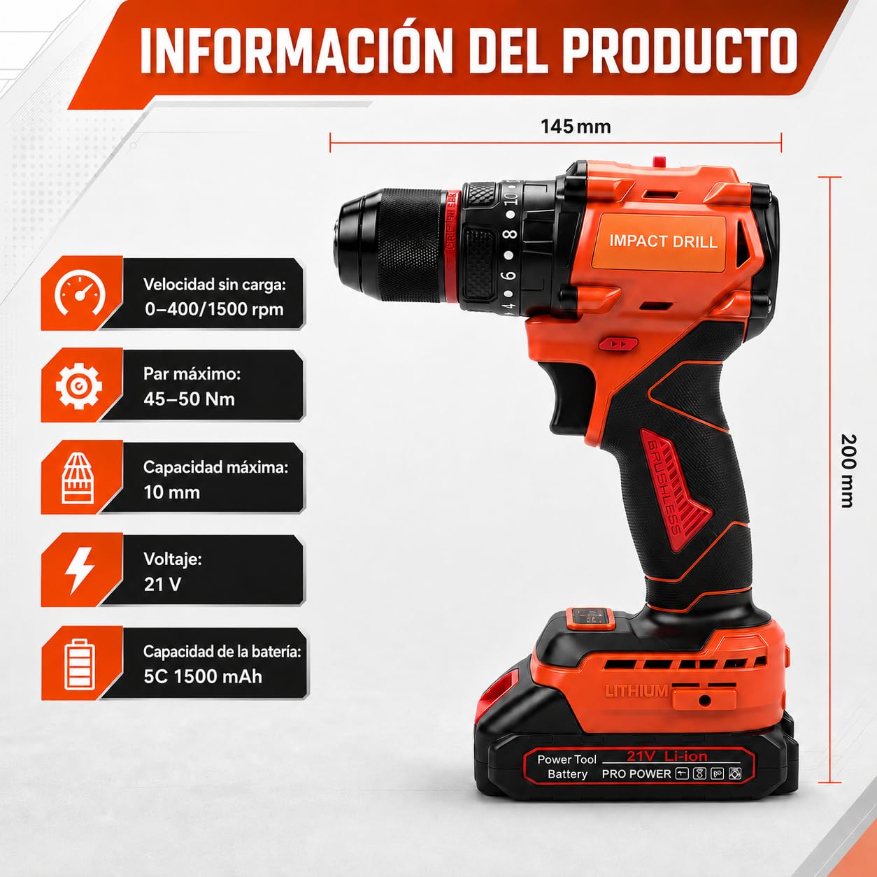 Taladro Percutor a Batería 21V, Taladro Atornillador Sin Escobillas 45-50 Nm con 2 Baterías 1,5Ah, Portabrocas 10 mm, 20+1 Ajustes, 24 Brocas, Luz LED y Maletín, para Hogar y Bricolaje