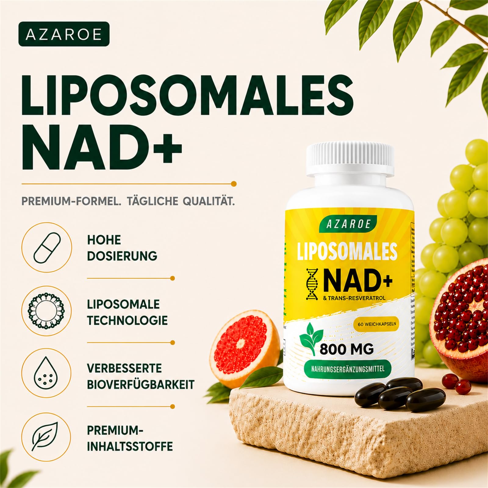 Liposomales NAD+ Trans-Resveratrol 800 mg Softgels, überlegene Alternative, Effizienter als NR, Hohe Absorption, 60 Softgels