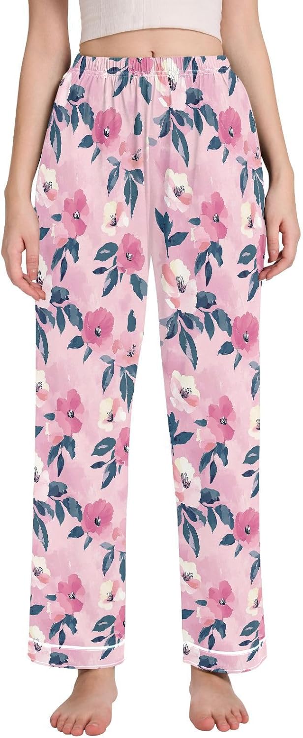 Pajama Pants Women Pink Florals Soft Sleep Lounge Pj Bottoms with Pocket S-XXL