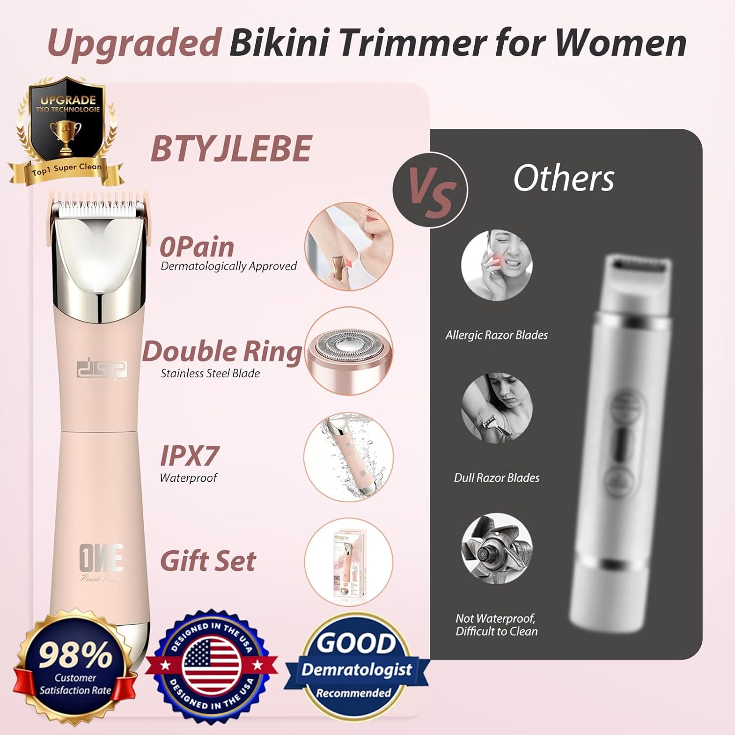 Dual Head Bikini Trimmer for Women 5-in-1 【IPX7 Waterproof】 Electric Razors 【German-TXO-Technology】-Painless-Blade Body Shaver for Pubic Hair Underarm Leg Arm Body Face (Peach)