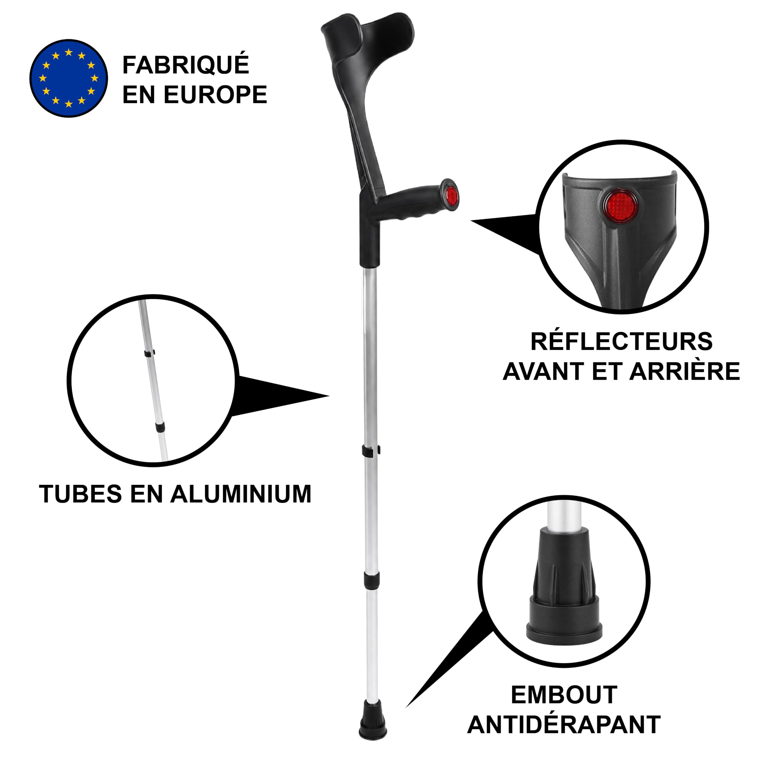 PEPE Mobility Béquilles Médicales Adultes (x2 Unités), Réglables, Canne Anglaise Orthopédique, Aluminium Noir - Fabriqué en Europe