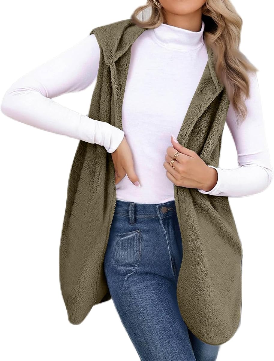 Long Hooded Fleece Vest for Women Open Front Winter Outerwear