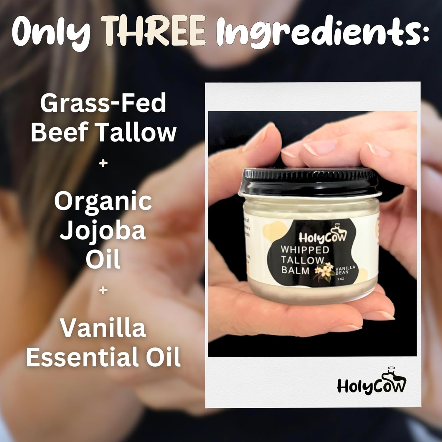 HolyCow Beef Tallow For Skin - Whipped Tallow Balm with Organic Jojoba Oil, Grass Fed Beef Tallow Face Moisturizer for Eczema, Baby, Lip Balm - Lotion For Extremely Dry Skin (Vanilla Bean) - Image 3