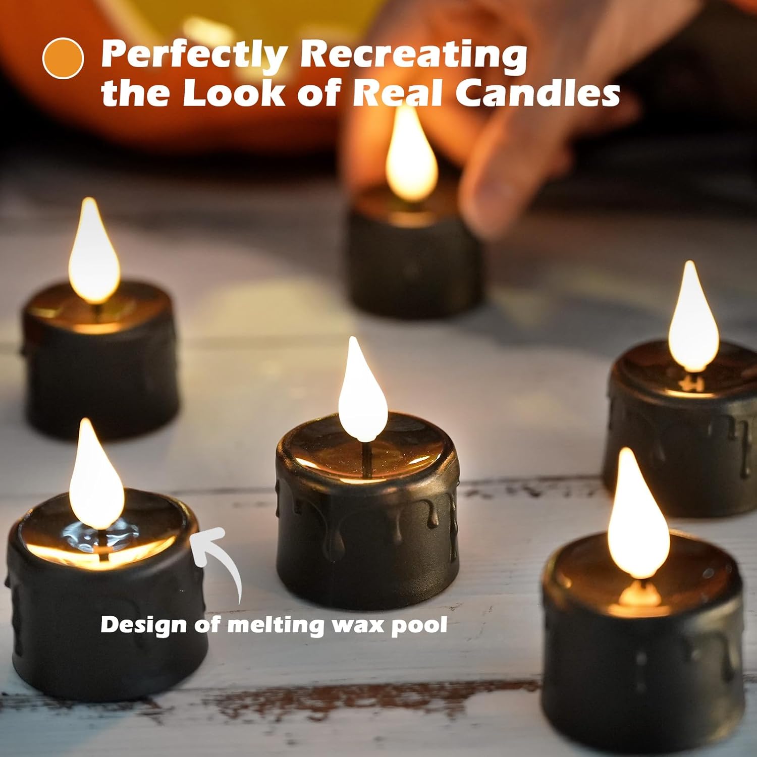 Black Tea Lights Candles (NO Remote),Rechargeable Flameless Candles with 6 Hour Timer,LED Tealight Candles,Flameless Tealights Flickering Realistic for Halloween Decorations,Set of 6