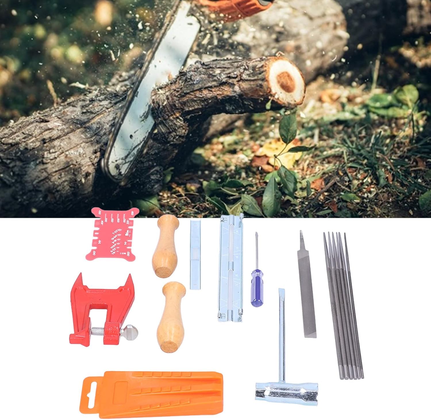 Kit de afilado de cadena de motosierra de 16 piezas, juego de herramientas de afilador inalámbrico con limas planas redondas, soportes de archivos y cuñas de tala para mantenimiento de barra guía en