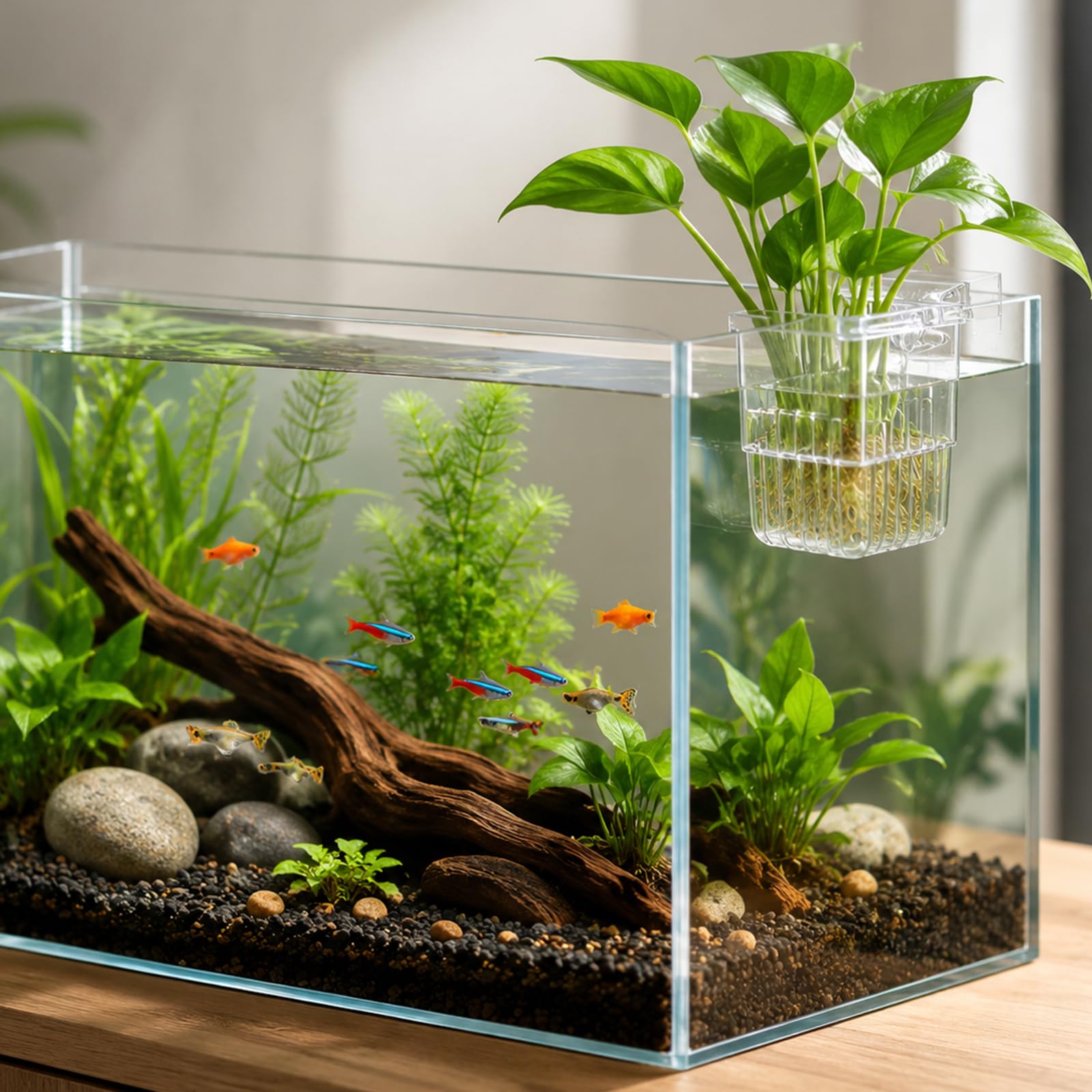 YAYODS 5 Stück Aquarium Pflanzenhalter Transparent - 4 Einzelkörbe + 1 Mehrkammerkorb - Kunststoff Pflanzkorb mit Schraub-Klemmhalterung für Wasserpflanzen, Hydrokultur und Aquascaping