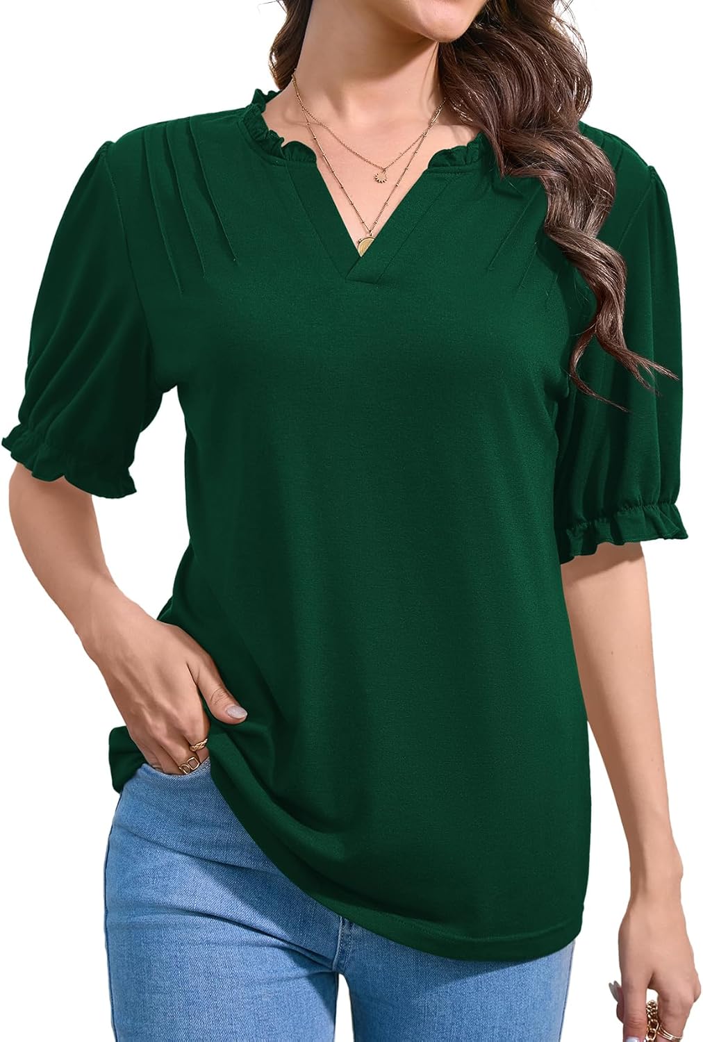Womens Puff Short Sleeve Tops Summer V Neck Ruffle Collar T Shirt Business Casual Blouse Loose Casual Tshirts XX-Large Blackish Green