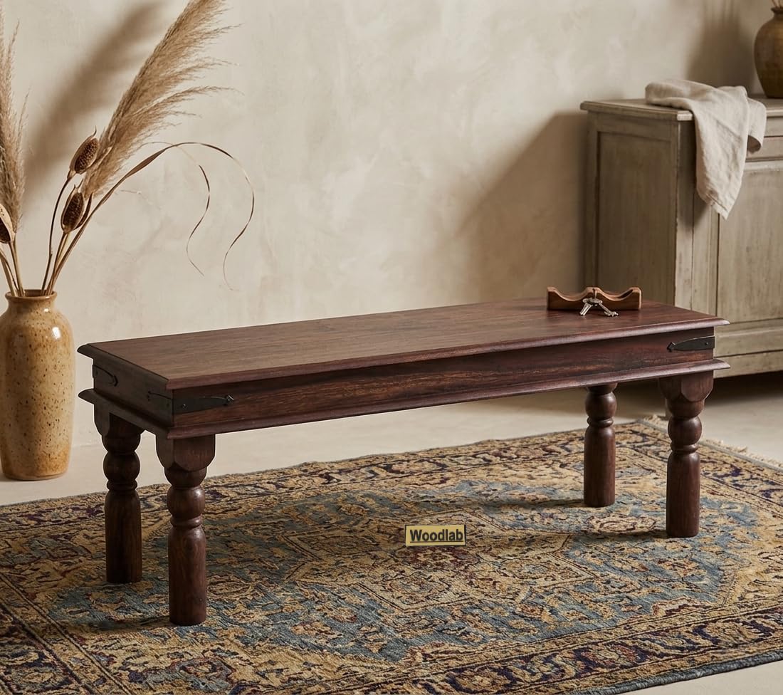 WOODLAB Solid Sheesham Wood Jaipur 2 Seater Bench Without Cushion | Wooden Dining Bench for Dining Table | Multipurpose Seating Furniture for Entryway, Living Room, Bedroom and Study (Walnut Finish)-image-5