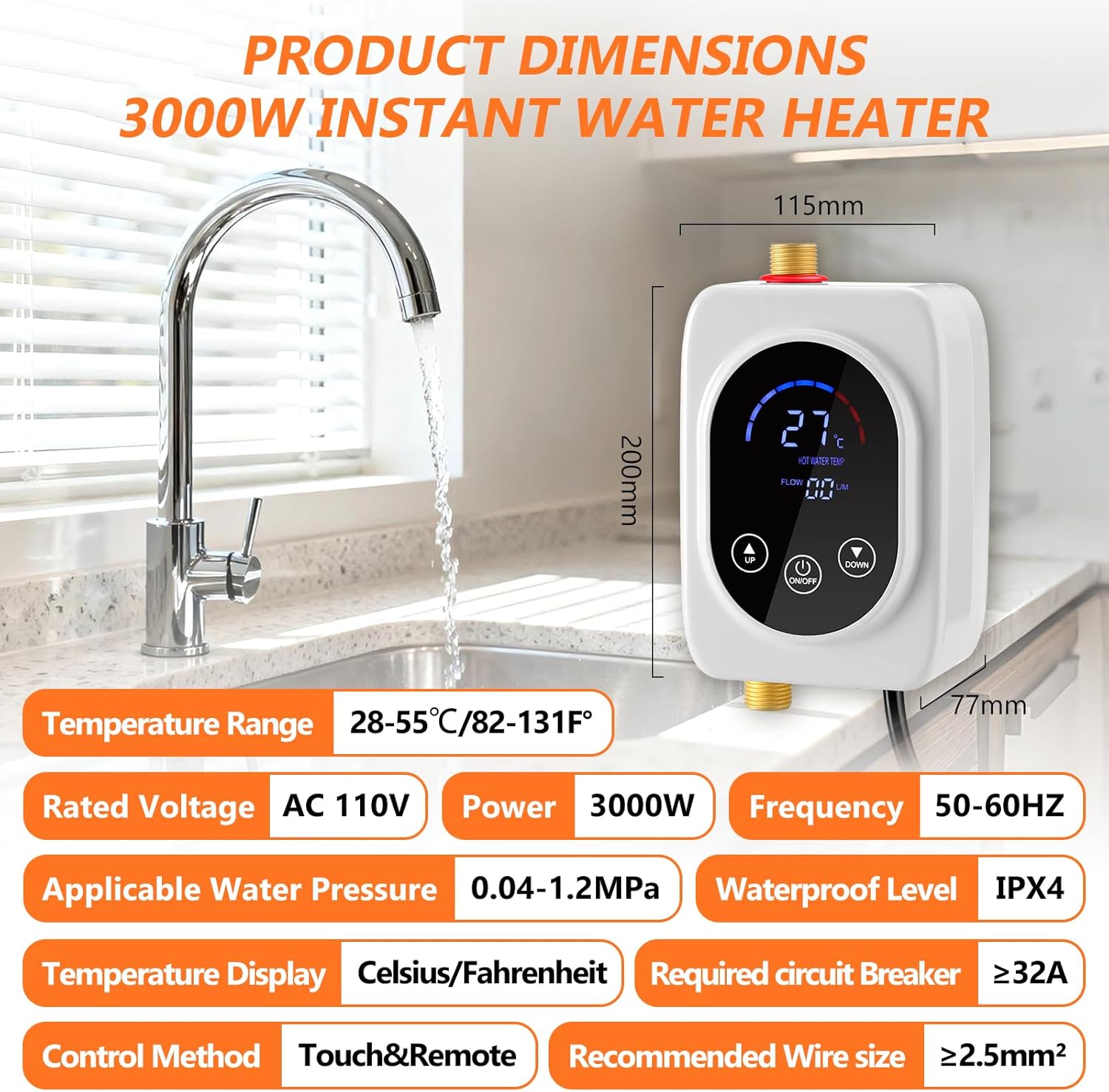 110V Tankless Water Heater Electric, 3000W Instant Water Heater Under Sink Adjustable Temperature, Hot Water Heater with Digital Display for Kitchen Bathroom RV