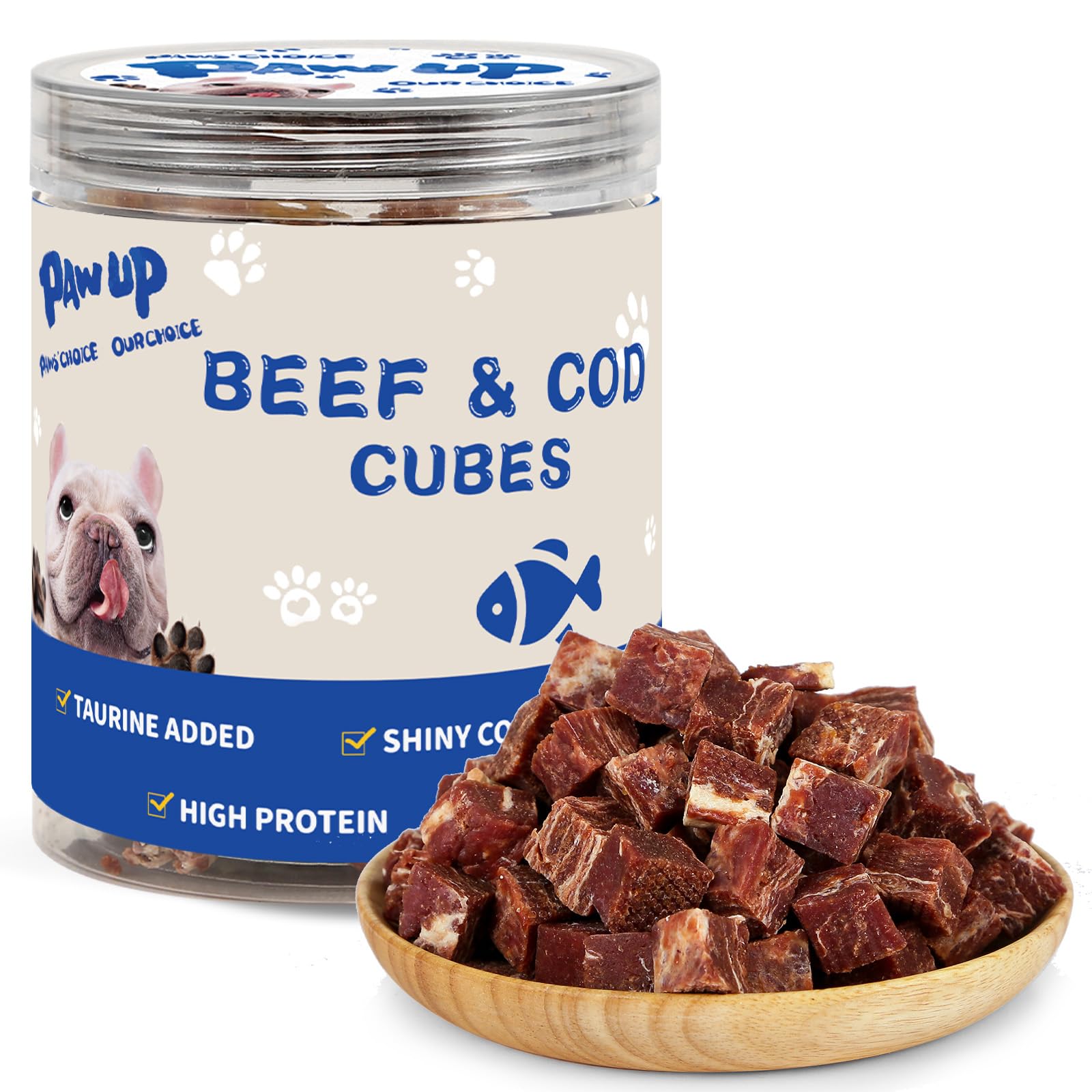 PAWUP Dog Treats Training Rewards, Beef Cod Cubes, 1% Taurine Added, 12.5 oz, Rawhide Free, Grain Free, Low Fat Dog Training Rewards and Snacks, No Additives