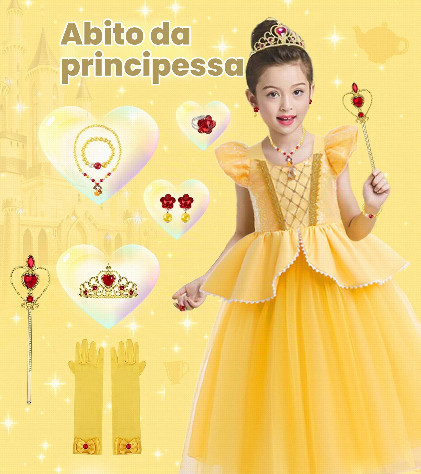 Vestito Principessa Bambina, Costume Rosa Bella e la Bestia con Set Corona Principessa, Bella Costume Carnevale per Regalo Bambina, Costume Bella e la Bestia per Compleanno Cosplay