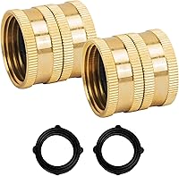 Hourleey 3/4 Inch Solid Brass Garden Hose Connectors Female to Female, 2 Pack with 4 Washers - Leak-Proof Durable Adapter