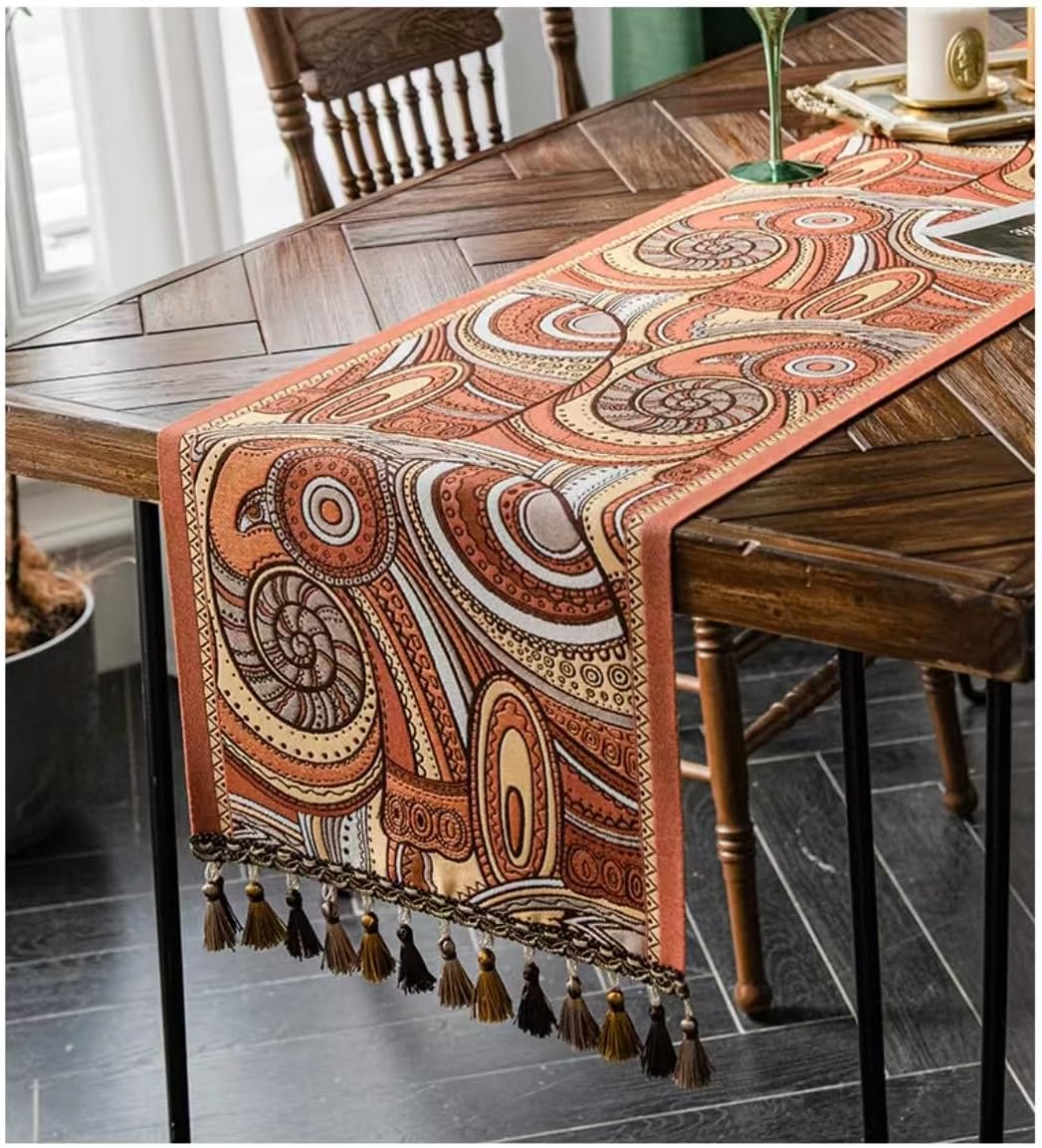 Elegant Damask Table Runner, Navy Blue and Gold, Decorative Tassels, Classic Victorian Pattern (Navy Blue Squares, 14*72 Inch)