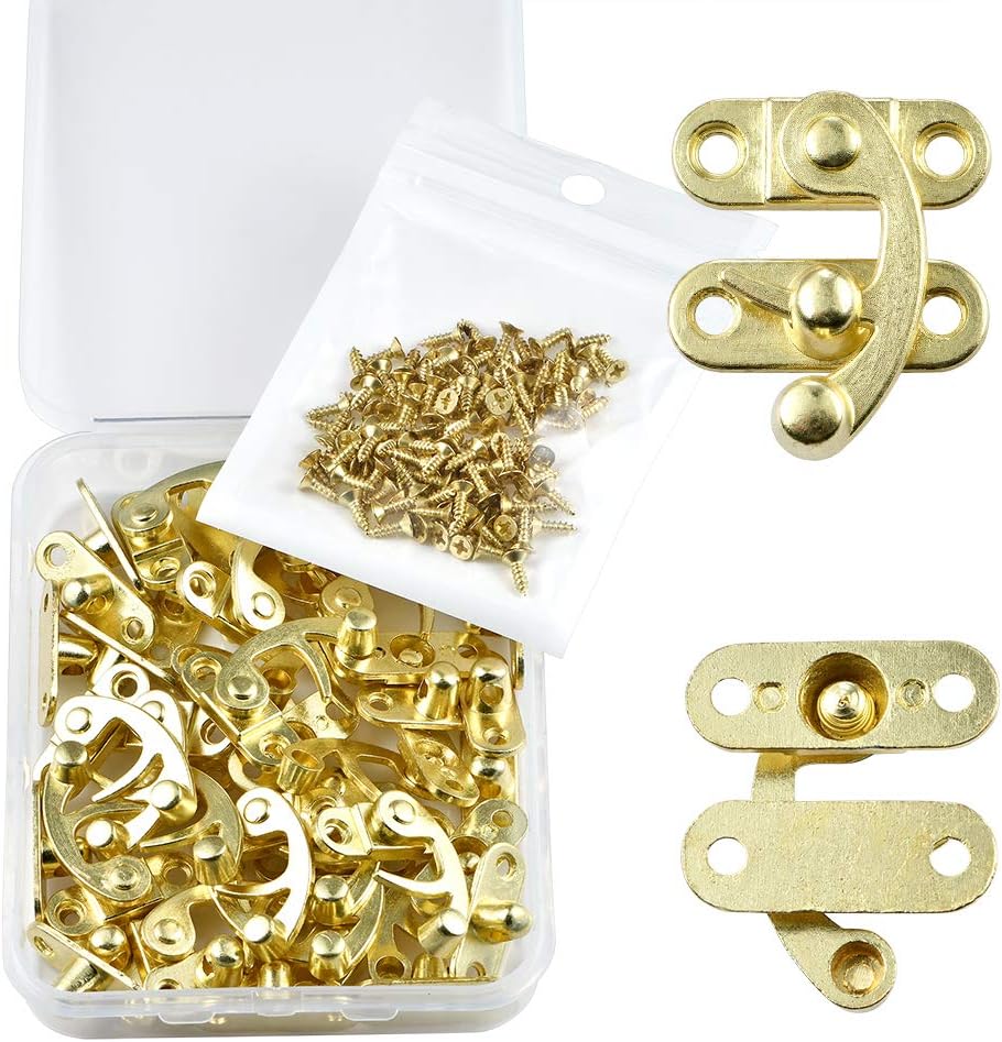 20 Pieces Jewelry Box Hardware Thickened Solid Antique Right Latch Hook Hasp Horn Lock Wood Jewelry Box Latch Hook Clasp and 80 Replacement Screws (Gold)