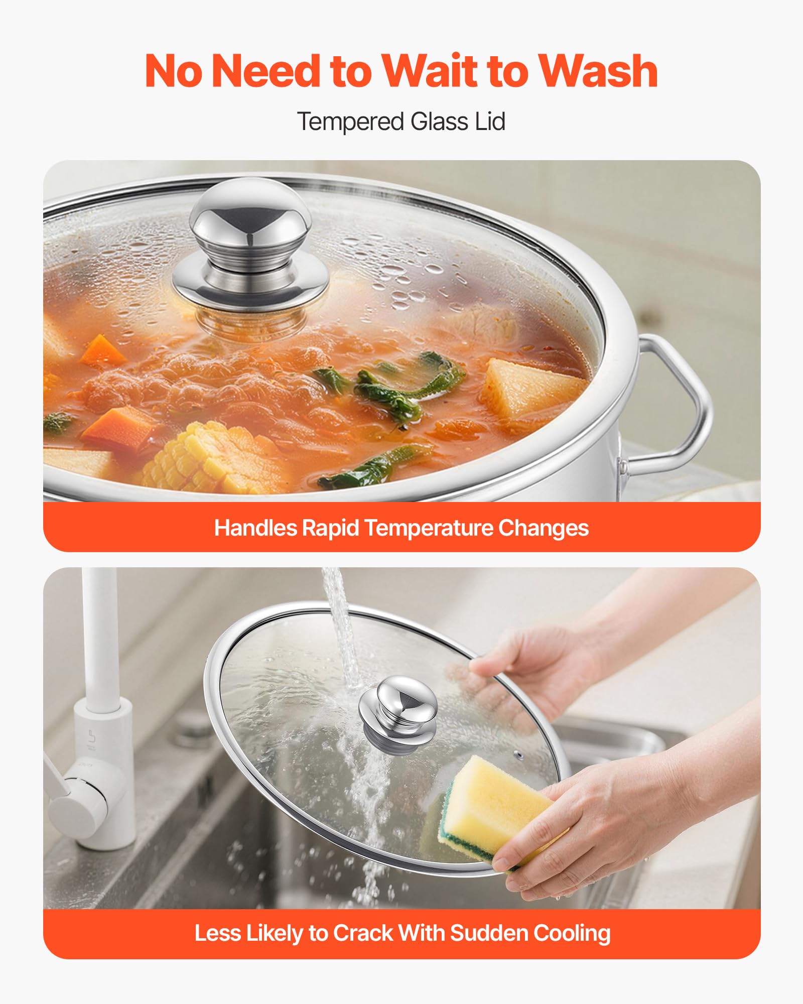 VEVOR Pentola in Acciaio Inox da 19,9 Litri, Casseruola in Acciaio Inox con Coperchio in Vetro per Cottura da Cucina Brodo, Pasta, Zuppa, Catering Ristorante Cucina Commerciale, Senza PFOA PFAS