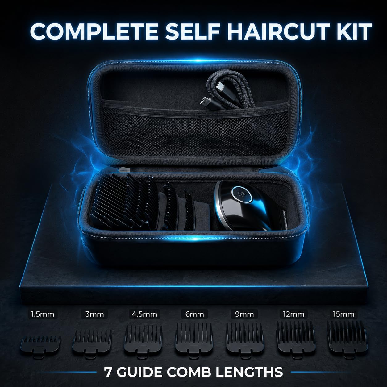HUMMINGBIRD MK19 QuickCut Pro Cordless Hair Clipper Kit for Men, Self-Haircut Trimmer, Waterproof Electric Razor for Head, Beard and Body, LED Display, 7 Guide Comb Sizes, USB-C Charging, Storage Case