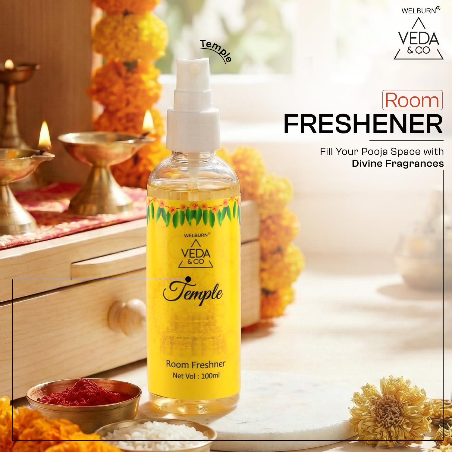 Welburn Veda&Co® Temple Fragrance Room Freshener 100ml | Long Lasting Spiritual Aroma Spray for Home, Office & Puja Room | Divine Puja Room & Home Fragrance 4