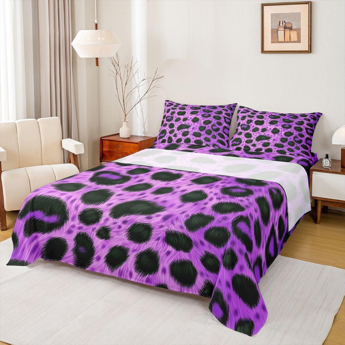 Erosebridal Purple Leopard Skin Sheet Set Cheetah Print Full Size Bed Sheets for Toddler Boys,Large Spotted Leopard Wild Animal Fur Hair Bedding Set