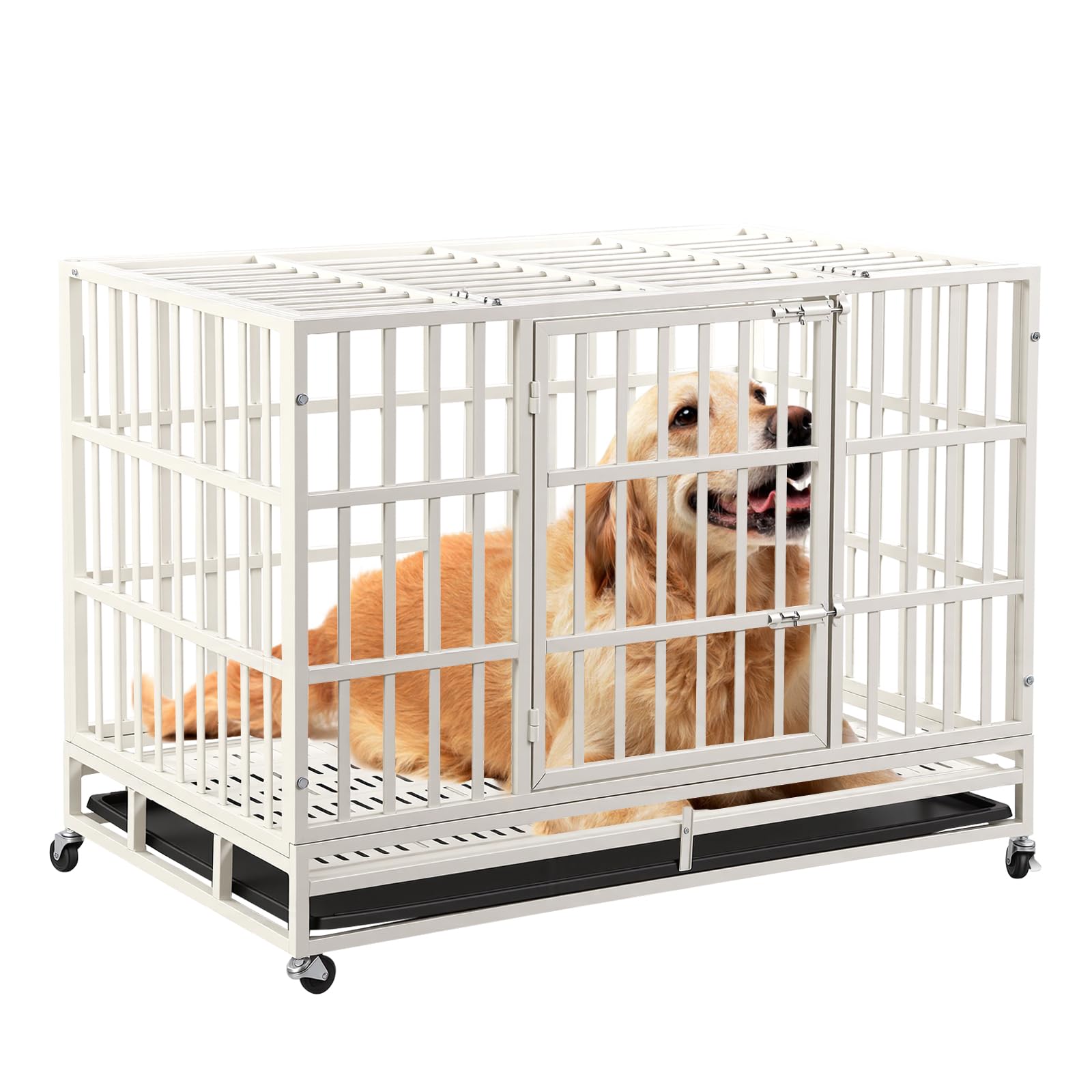 48 inch heavy duty indestructible dog crate with lockable wheels & sturdy locks, metal dog crate kennel with removable tray, extra large xl, white