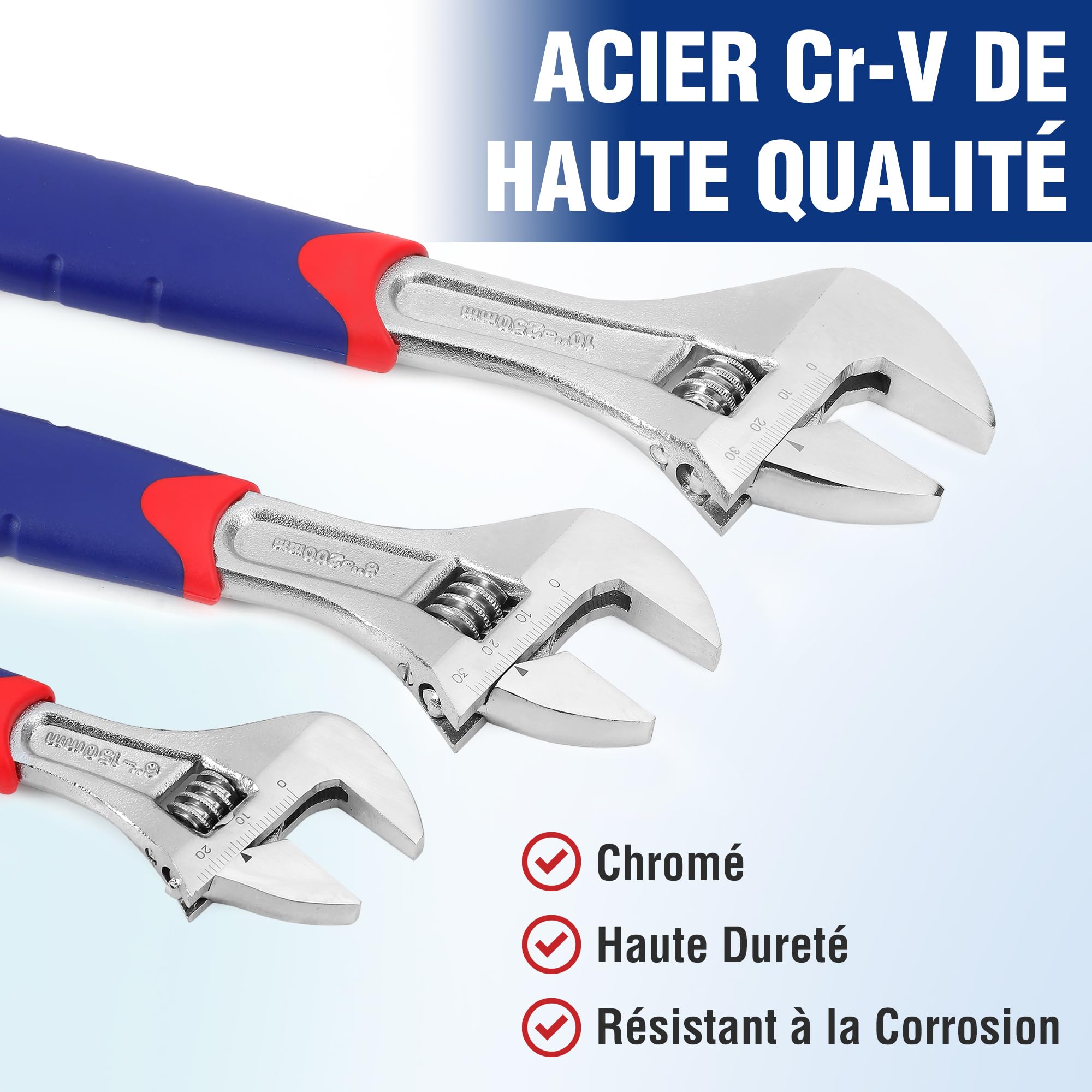 WOKRPRO Jeu de Clés à Molette en Cr-V 150, 200, 250 mm avec Grande Ouverture 19, 24, 28mm 3 Pièces