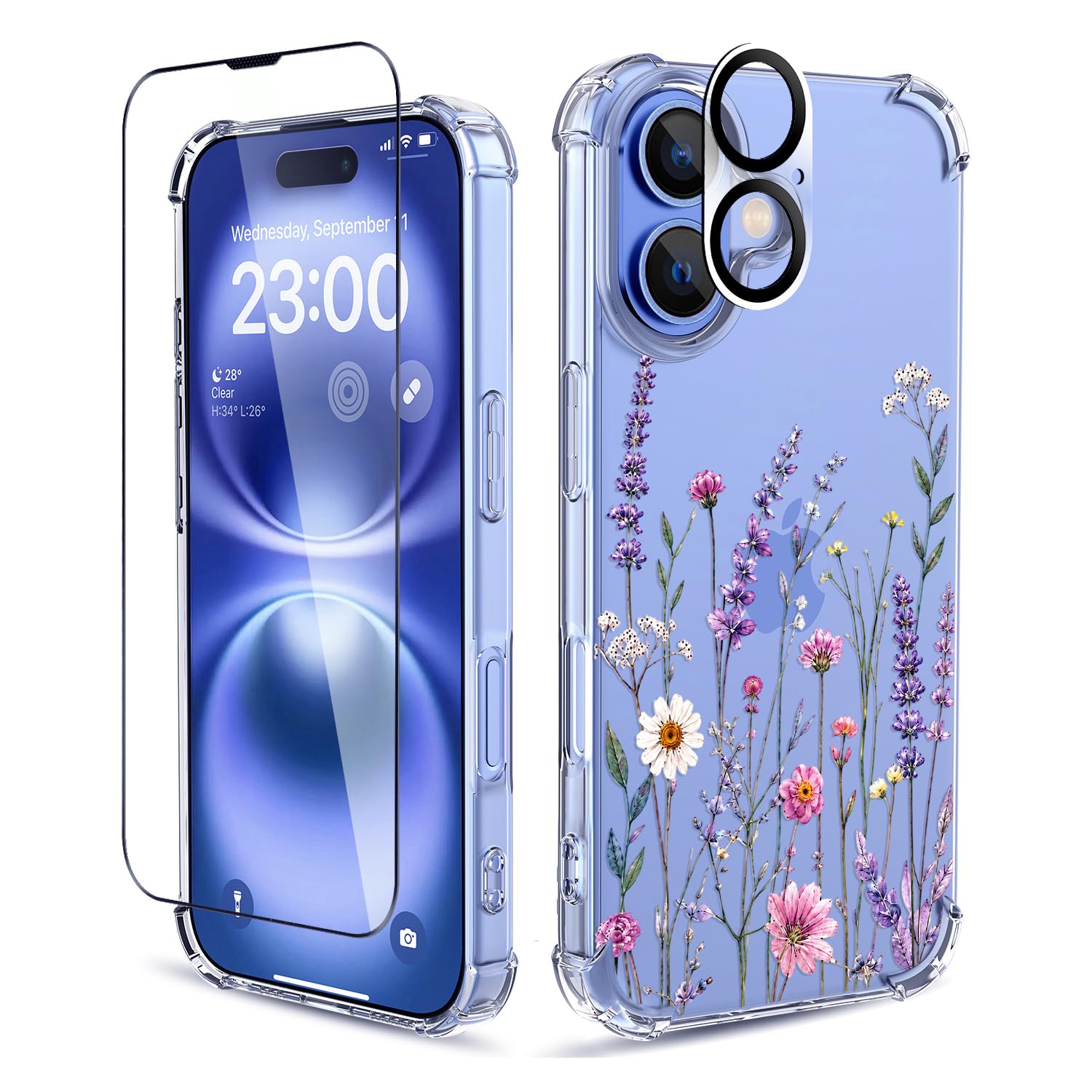 Custodia per iPhone 16, 3 in 1 per schermo e lenti protettive, cover | Morbido materiale TPU, design floreale, antiurto, progettato per donne e ragazze, giardino di lavanda