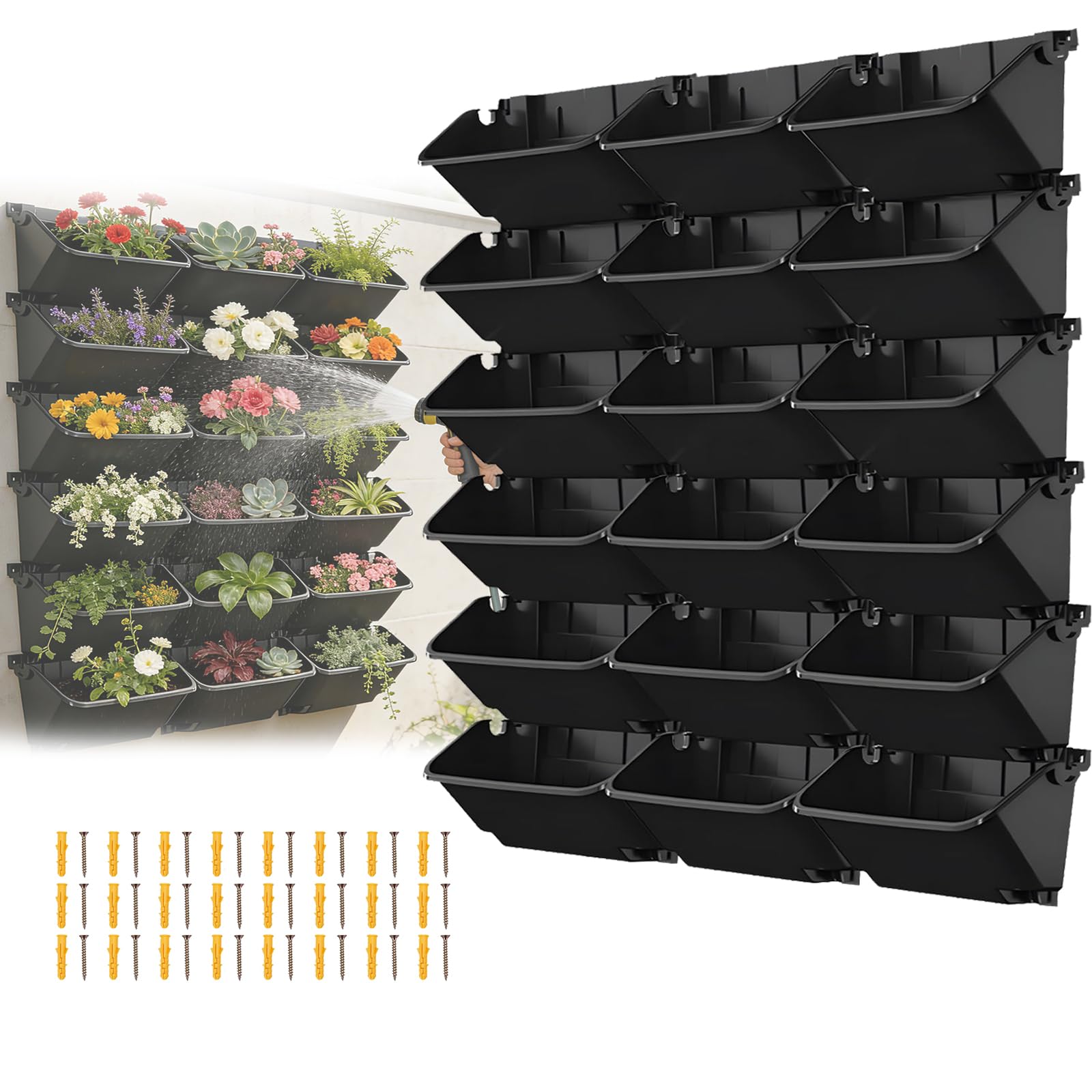 Vertikaler Garten, Pflanzturm Hängende Pflanztaschen mit 18 Töpfen Vertikaler Wandmontierter Pflanzgefäß Kräuter Obst Gemüse Blume Anbausystem für Drinnen Draußen Grüne Wand Platzsparende (Schwarz)