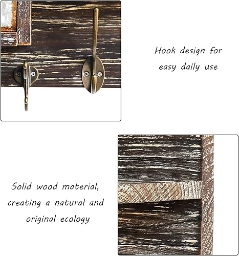 Miniatura 4 de Soporte para llaves de madera rústica para montaje en pared con estante flotante, hoja de hierro, diseño de cajón falso, organizador de correo con 5