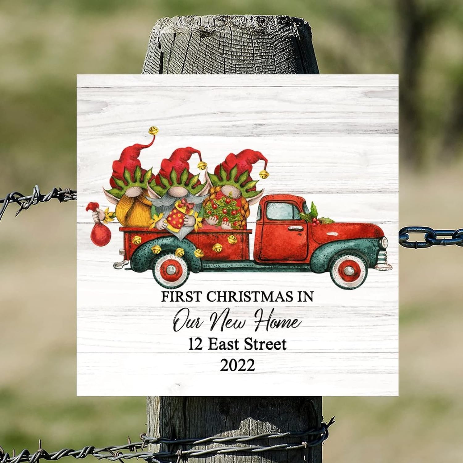 First Christmas in Our New Home Wooden Signs Retro Red Truck Gnome Custom Address Name Wood Wall Art Holy Night Wall Art Hanging Farmhouse Decoration Plaque For Home Room Garden 16x16in