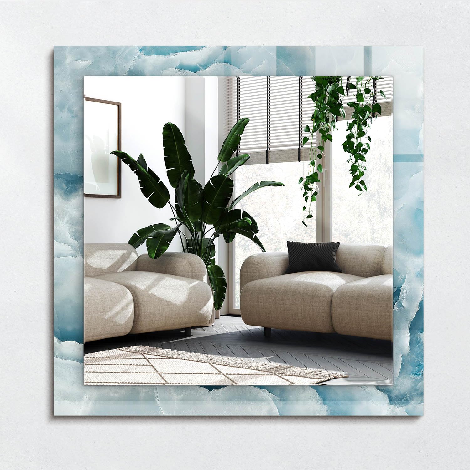 Miroir imprimé anti-pièce sombre 60x60 cm marbre bleu suspendu