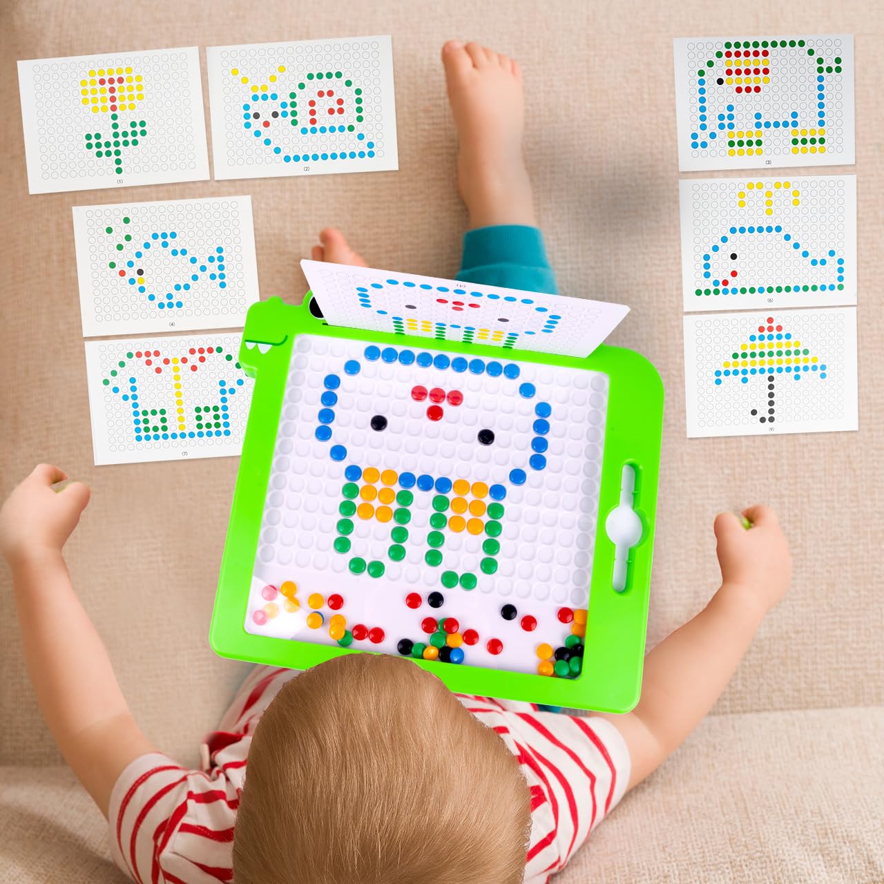 MalPlay Montessori tablica magnetyczna dla dzieci, koraliki mozaikowe, szablony puzzli dinozaurów, 20 różnych szablonów, od 3 lat, gra magnetyczna