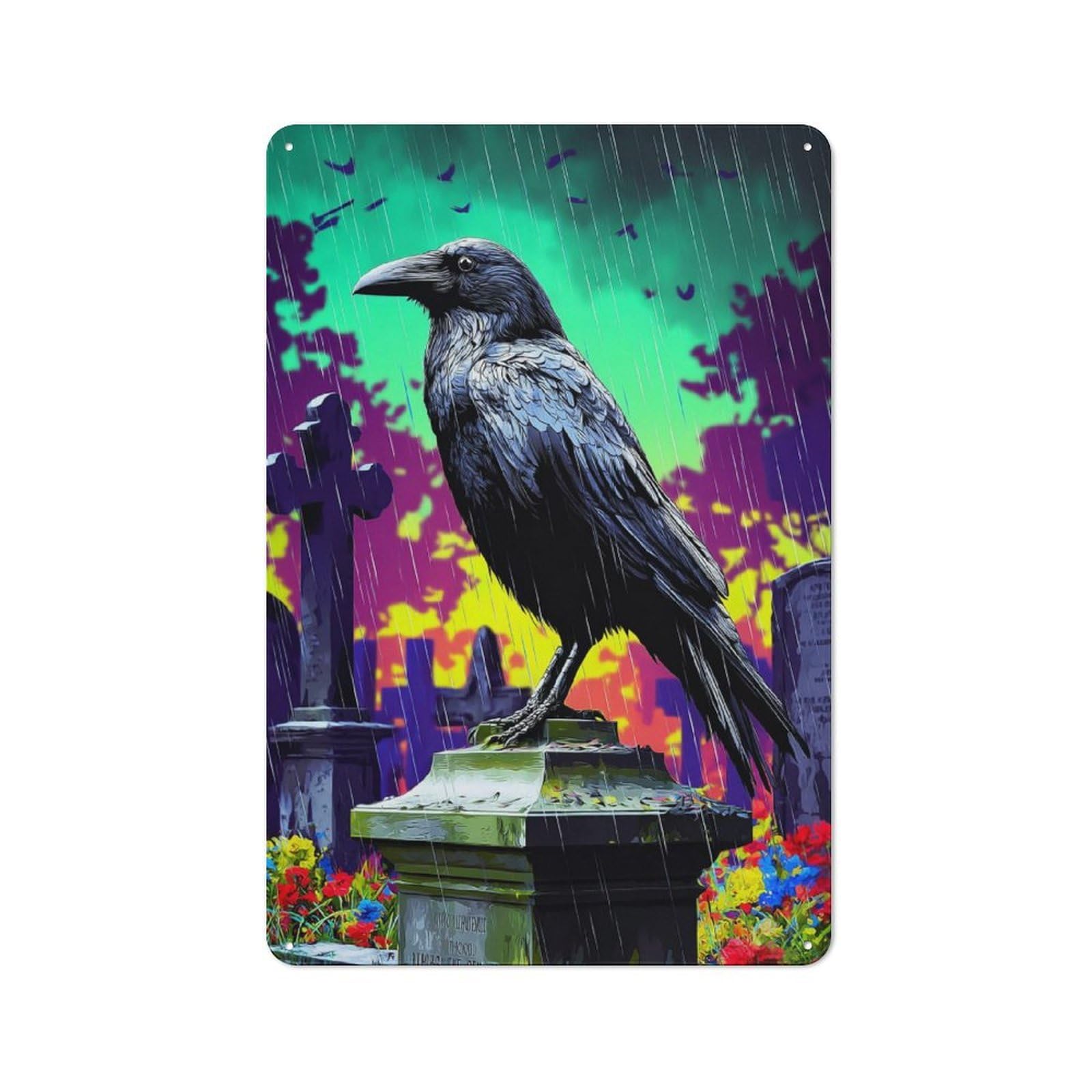 Junmoney Rainy Graveyard Raven Rustic Metal Sign 30X20cm For Café Or Restaurant, Suited To Café Owners And Decorators