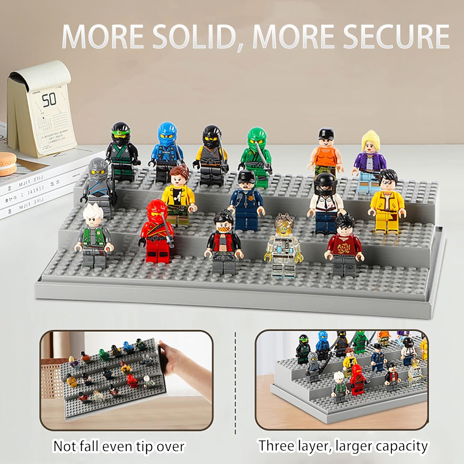 Display Case with LED Light for Minifigure Action Figures Blocks, 3 Layers Acrylic Minifigure Storage Display Box for Lego Mini Figures, Gray