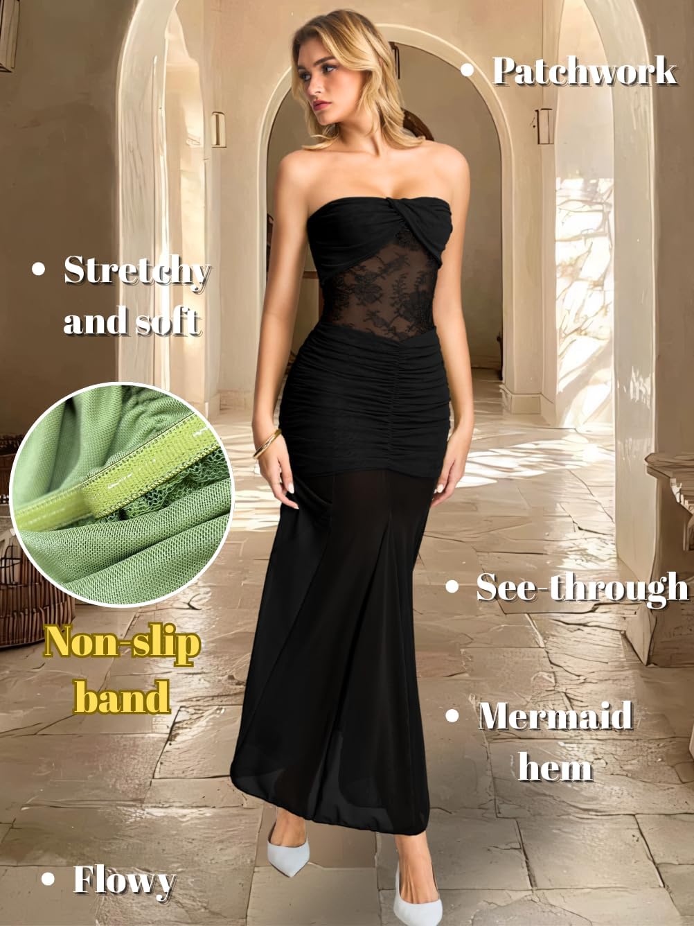 Lace Maxi Dress,Strapless Ruched Mermaid Dresses for Women,Sexy Formal Birthday Party Outfit - Image 5