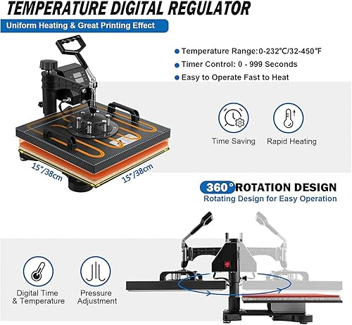 Miniatura 4 de Máquina de prensa de calor 8 en 1 de 15.0 x 15.0 in15 x 15 pulgadas, máquina digital de prensado de camisetas con oscilación de 360, impresora de