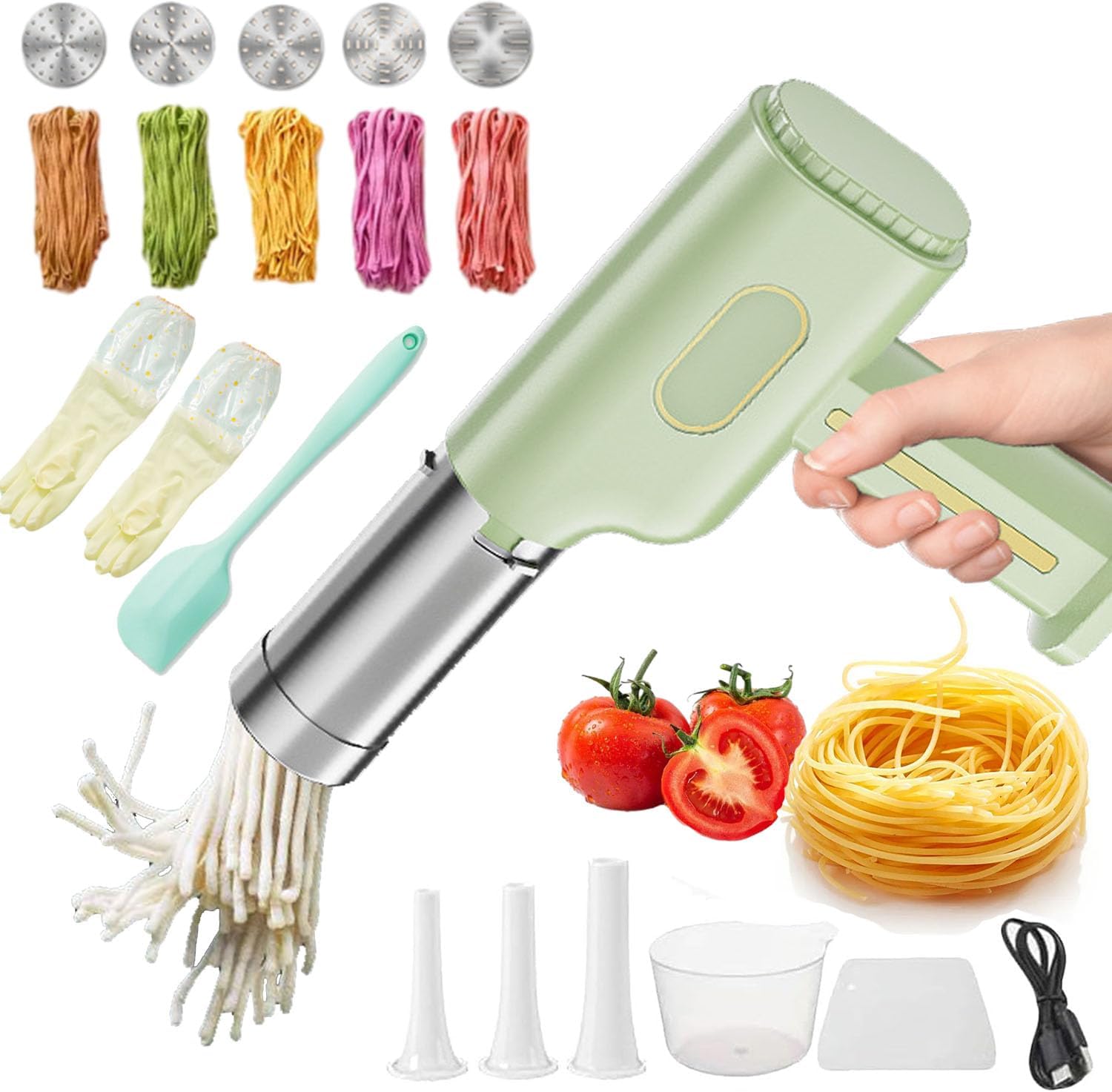 Maker Electric, Maker with 5 Interchangeable Mold Plates, Handheld Electric Pasta Maker, All-In-One Homemade Pasta Machine (Green)