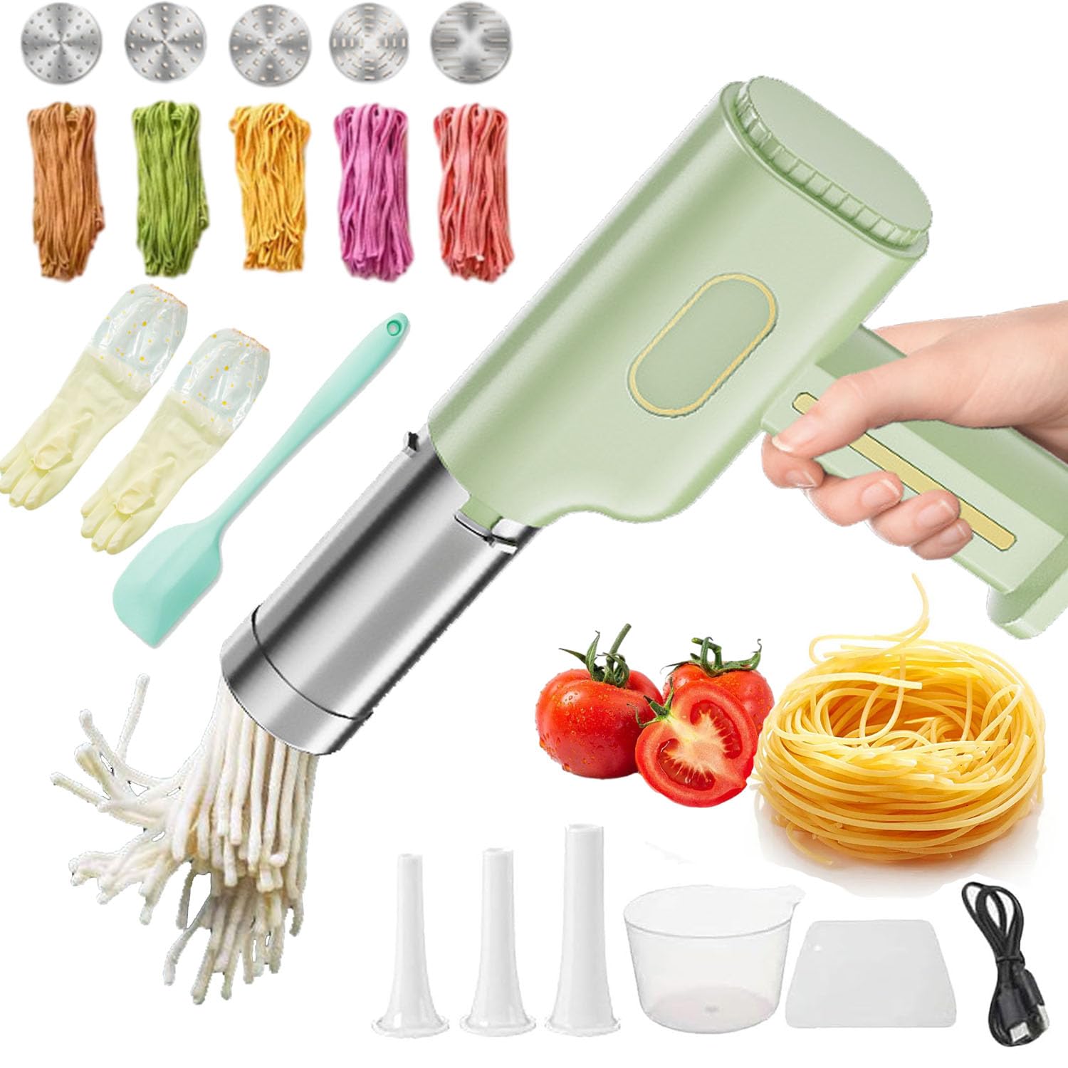 Idiyappam Maker Electric, Idiyappam Maker with 5 Interchangeable Mold Plates, Handheld Electric Pasta Maker, All-In-One Homemade Pasta Machine (Green)