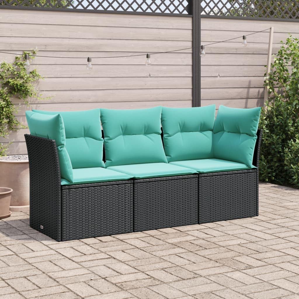 vidaXL Patio Sofa Set with Cushions - Outdoor Garden Lounge Furniture 3 Piece Set - PE Rattan, Black, Blue