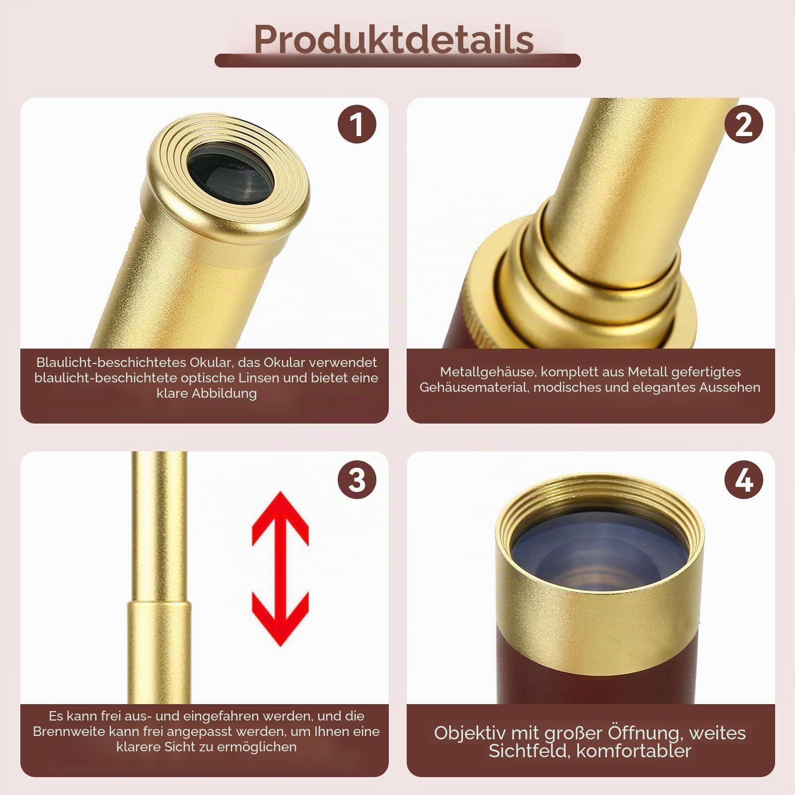 Pirat -Teleskop, 25 x 30 zoomable monokulare Vintage -Teleskop tragbarer zusammenklappbarer Handheld Monocular Messing Spyglass für Vogelbeobachtung