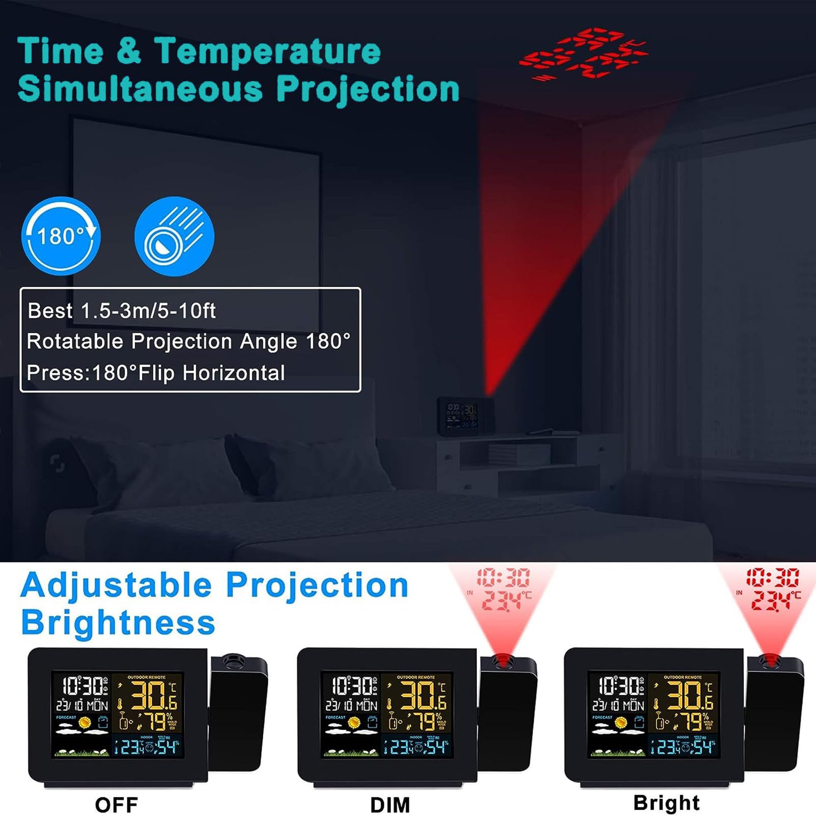 Projektionswecker Digitaler Wecker mit Projektion, Wetterstation mit Außensensor, Projektionsuhr zeigt Thermometer innen außen, Wettervorhersage, Zwei Alarme