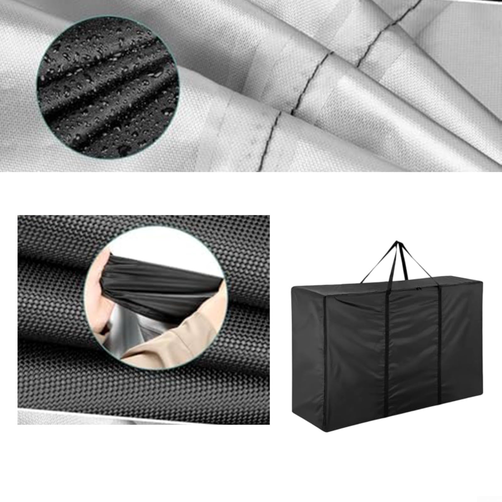 420D Oxford Borsa portaoggetti per cuscini da giardino, 180 x 60 x 80 cm, impermeabile e antistrappo, grande spazio con doppia cerniera e maniglie per il trasporto, nero (2 pezzi)